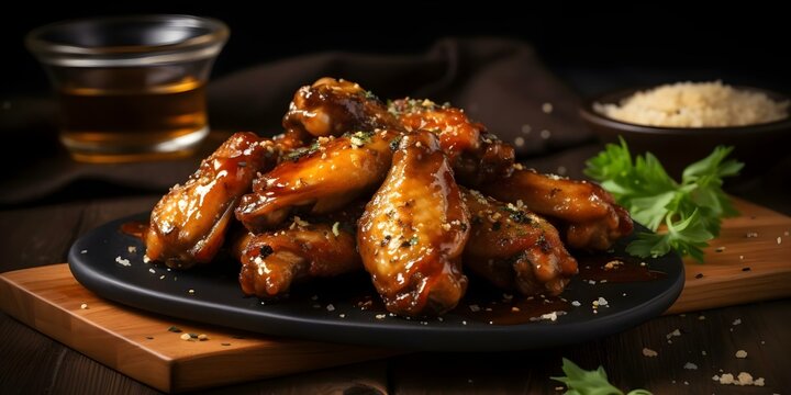 Buffalo wings with honey bourbon glaze gold dust fancy game day snack. Concept Game Day Snacks, Fancy Appetizers, Buffalo Wings Recipe, Honey Bourbon Glaze, Gold Dust Finishing