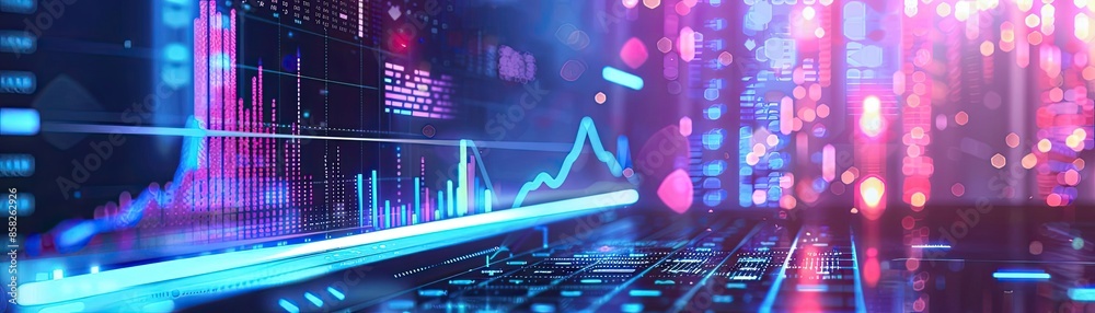 Poster Colorful digital stock market chart displaying data analysis with neon lights on a futuristic interface.