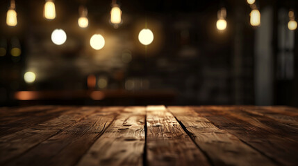 A wooden table with lights hanging from the ceiling