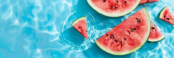 A refreshing summer image of vibrant watermelon slices floating on a turquoise water surface