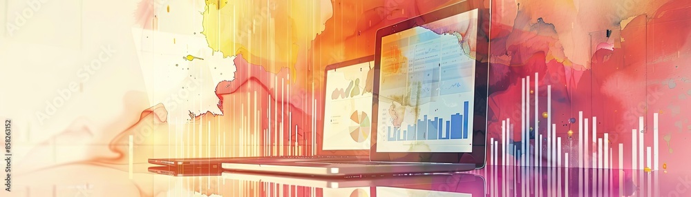 Poster Abstract digital artwork of laptops displaying charts with watercolor background, representing data analysis and technology.