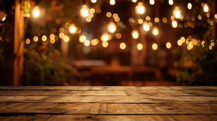 A wooden table with lights hanging from the ceiling