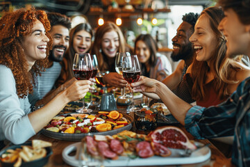 Friends enjoying red wine at a restaurant - Multiracial group having fun dinner party on a patio
