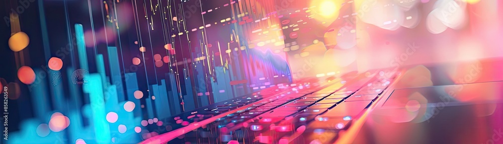 Poster Abstract colorful light and data graph background depicting technological advancement, innovation, and growth. Perfect for tech concepts.