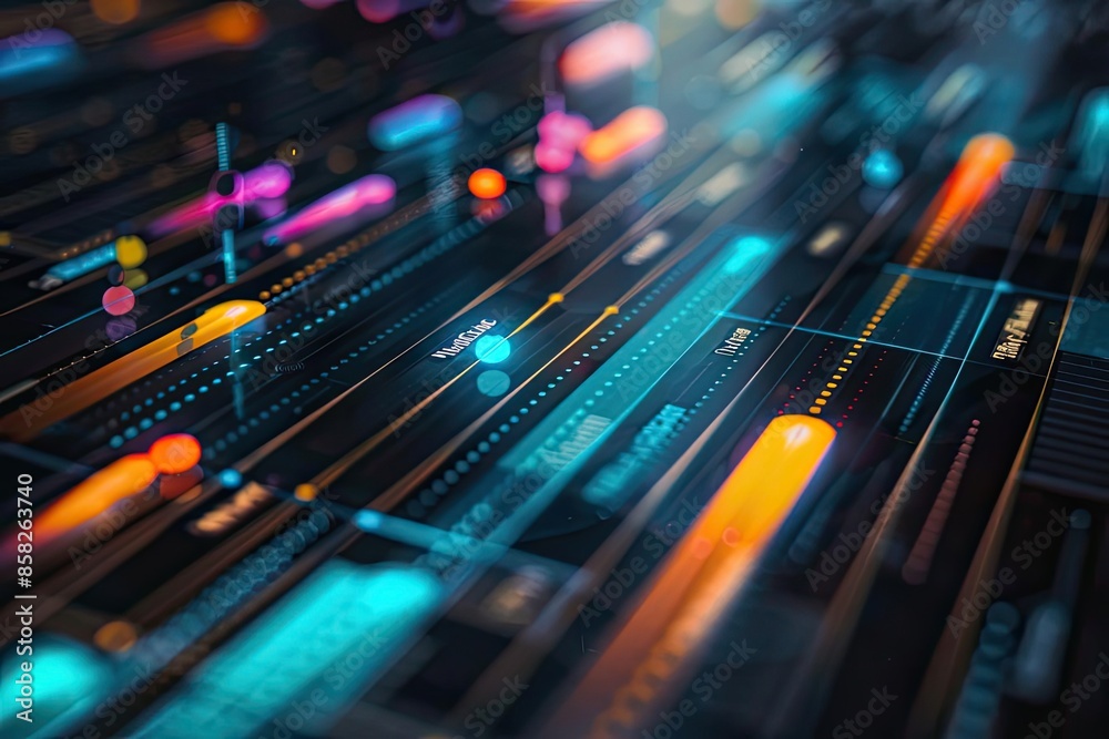 Poster Abstract digital interface with colorful data visualization and futuristic technology elements on a dark background.