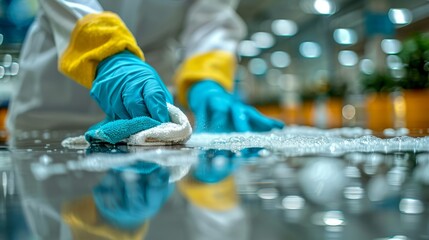 A person wearing gloves is thoroughly cleaning a surface with a cloth, emphasizing hygiene and cleanliness. The image highlights the importance of maintaining a safe environment.