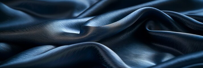 Obraz premium A detailed close-up image of a smooth dark blue fabric with subtle light effects, showing the fabrics texture and drape. Copy space is available on the right side