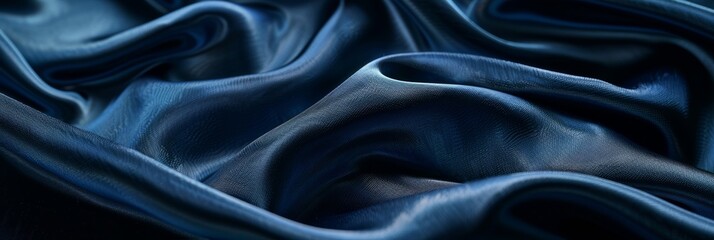 Obraz premium Close-up of elegant, smooth dark blue fabric with subtle lighting effects. Draped and folded for texture, with copy space on the right side