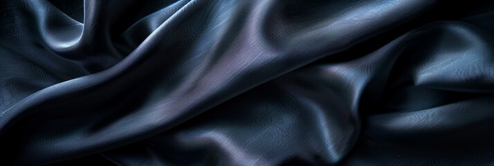 Fototapeta premium Close-up of dark blue fabric with light effects, draped and folded elegantly. Right side left blank for text or design elements