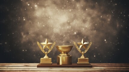 Champion s podium  gold, silver, bronze awards ceremony with laurels on 3d stage background