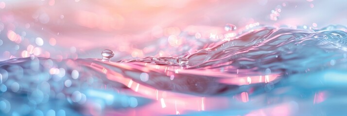Close-up photo of water waves with a blurred, abstract background in soft pink and blue colors. The image features sparkling light, creating a dreamy, ethereal effect