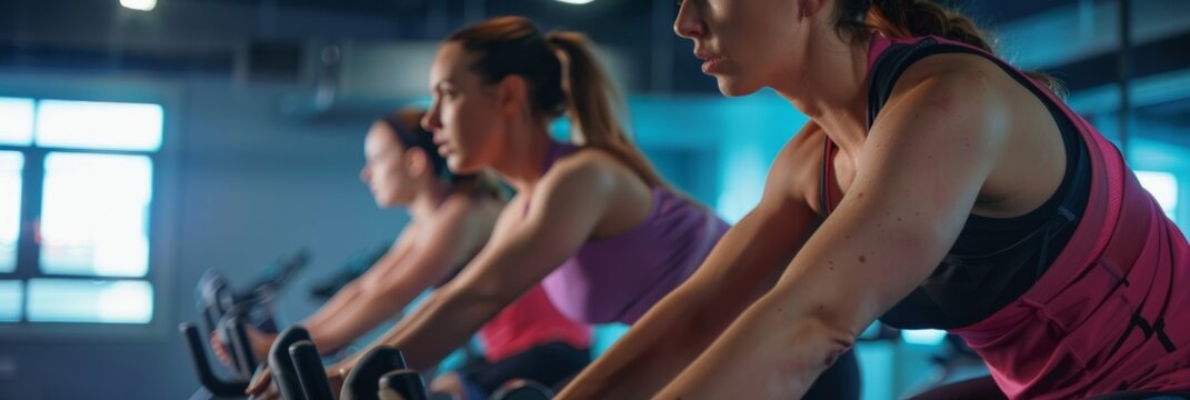 A group of women work up a sweat during a cycling class in a brightly lit gym