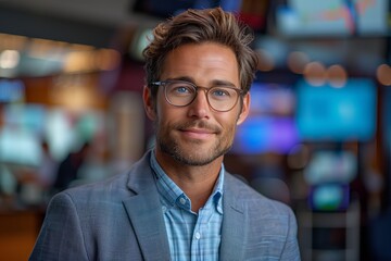 Obraz premium Portrait of a Man Wearing Glasses in a Professional Setting