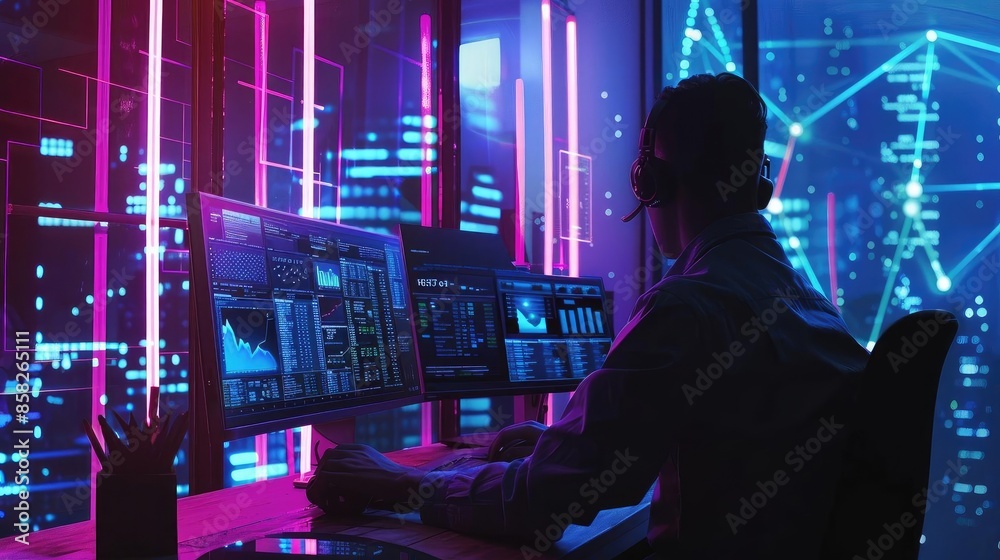 Poster a professional analyzing data on multiple screens in a neon-lit office environment, showcasing futur