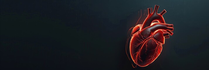 A close-up photograph of a stylized human heart with a pulsating red line representing blood flow, set against a black backdrop