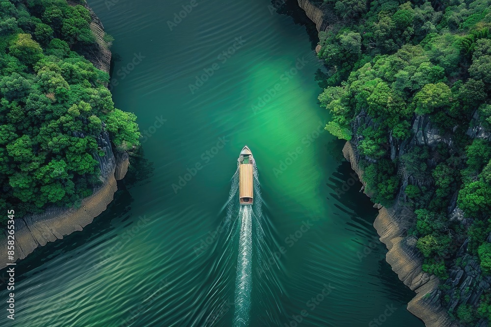 Poster Aerial view of boat navigating through green river between forested cliffs, creating peaceful nature scenery and serene travel experience.