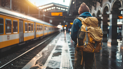 Young traveler man at platform train station, Traveling concept, The passengers are stand waiting for the Station platform, Young man traveler with backpack looking waiting for train

