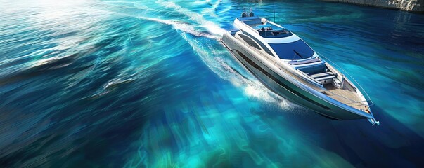 Luxury yacht cruising through vibrant blue waters with dynamic motion and scenic background, representing freedom and adventure at sea.