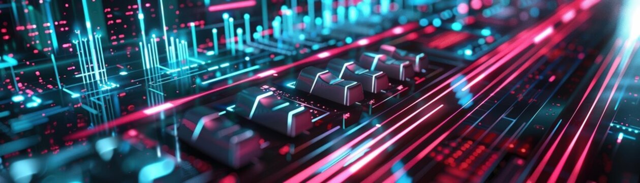 A futuristic ing of an AIpowered music composition assistant, with visually striking, intelligent algorithms and intuitive, creative interfaces Banner for AI music tools