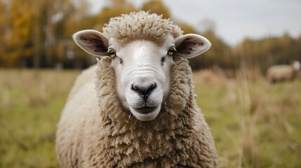Fototapeta premium Funny sheep. Portrait of sheep showing tongue. 