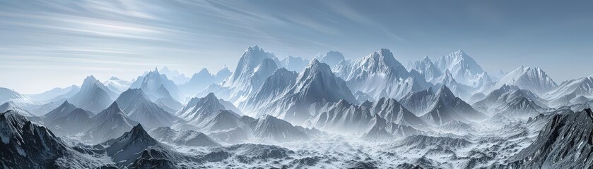 Obraz premium A realistic of a mountain landscape, with snowcapped peaks, rugged terrain, and a distant horizon