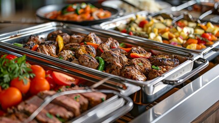 Obraz premium Catering buffet food in restaurant with grilled meat. buffet service for any festive event. 