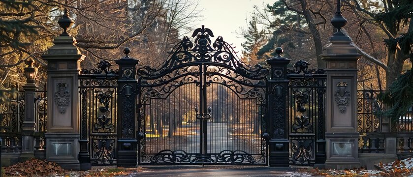 Craft a frontal view of a vintage, restricted entry gate with ornate ironwork and intricate carvings, capturing the sense of mystery and exclusivity,