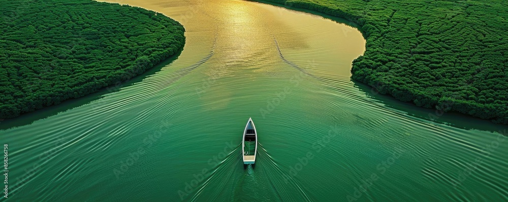 Poster aerial view of a single boat navigating tranquil river surrounded by lush green landscape during sun
