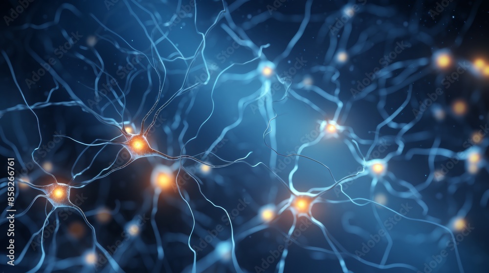 Poster A microscopic view of a complex neural network, revealing a seamless grid of interconnected neurons on a dark blue background.