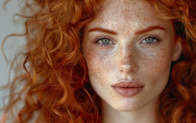 Naklejka premium A woman with red hair and freckles is smiling at the camera. She has a natural, relaxed expression on her face