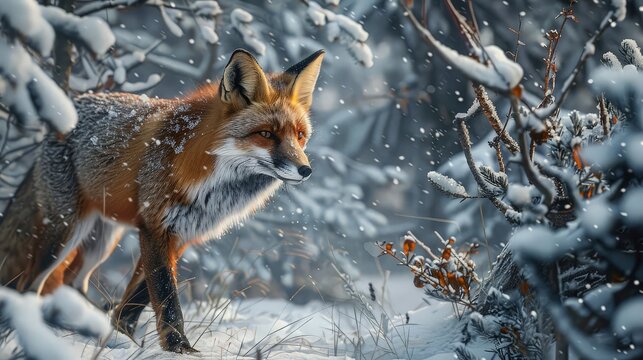 detailed illustration of a red fox hunting in a snowy forest, its fur blending subtly with the winter landscape. 