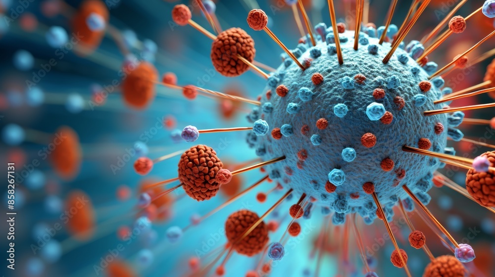 Poster A microscopic view of a virus particle, revealing a complex structure of proteins and nucleic acids arranged in a seamless grid.