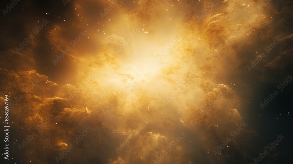 Poster a nebula, a vast cloud of gas and dust in space, glowing with a soft, ethereal yellow light.