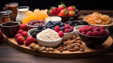 Fototapeta premium toppings should have an appetizing texture, food props like fruit, honey, jam, granola, nuts, healthy, food, fruit, berry, raspberry, nutrition, blueberries, organic, antioxidant