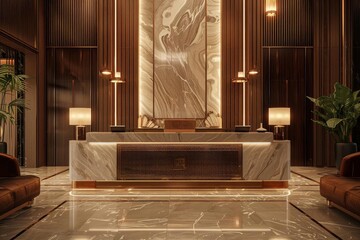 Craft a photorealistic 3D model of a high-end hotel lobbys side desk for reservations, emphasizing luxury and elegance,