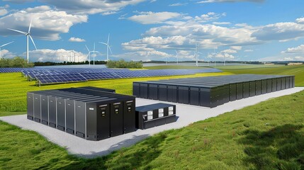 Amount of energy storage systems or battery container units with solar and turbine farm. 