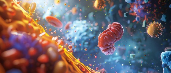 Craft a photorealistic CG 3D rendering of the digestive process on a microscopic level, highlighting the enzymes and nutrients in action within the digestive tract,