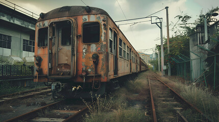 Obraz premium Vintage steam train in a foggy forest, rusted train tracks in a forgotten subway