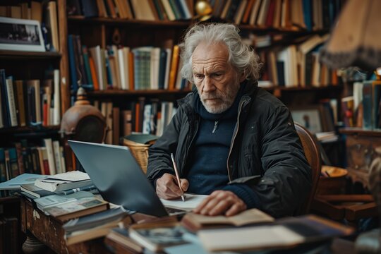 Elderly Man Working on Laptop and Writing in Notebook Surrounded by Bookshelves