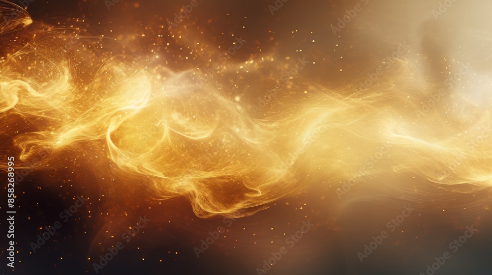 Poster a stunning abstract background with sparkling gold particles intermingling with wispy smoke trails.