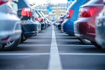 Car parked in parking lot. Used car sales and rental service. Automotive sector, vehicle insurance. Parking lot for cars. Auto dealership and dealer agent concept