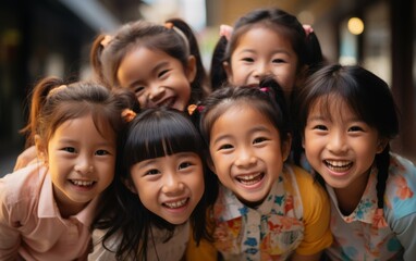 A group of young girls are smiling and hugging each other. Scene is happy and joyful