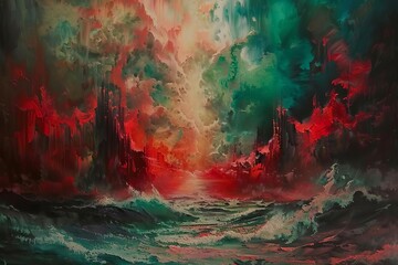 Craft a surreal oil painting featuring a panoramic perspective where intense red and green hues collide in a mesmerizing way,