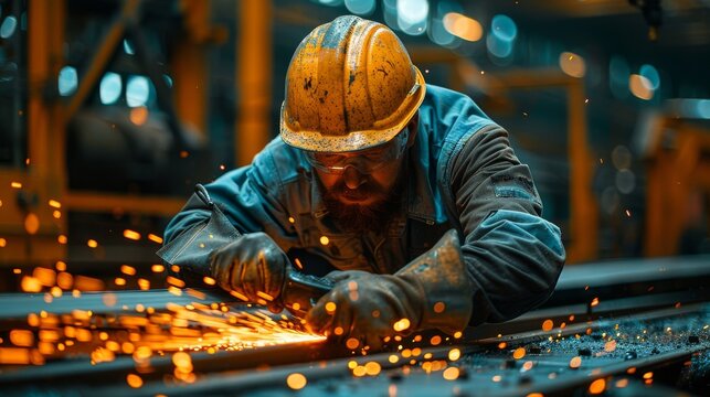 A worker wearing a hard hat and protective gear uses an industrial grinder on metal, producing bright sparks in a well-lit factory environment.