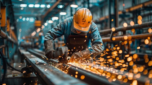 A worker wearing a hard hat and protective gear uses an industrial grinder on metal, producing bright sparks in a well-lit factory environment. - Powered by Adobe