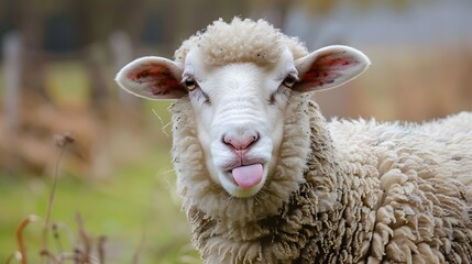 Funny sheep. Portrait of sheep showing tongue. 
