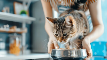 Pet sitter feeding a cat in cozy kitchen with tidy background for promoting freelance pet care, part-time pet sitting and the comfort of home environments