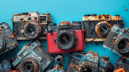 old cameras on blue background