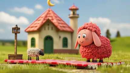 Eid al-adha blessings mosque, sheep sacrifice, crescent, and gift podium greeting card. Eid al-Adha. 