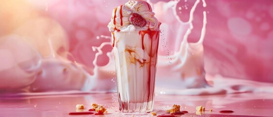 Craft a visually striking composition of a milkshake with a melting ice cream from behind, highlighting the creamy swirls and delicious toppings that evoke a sense of indulgence,